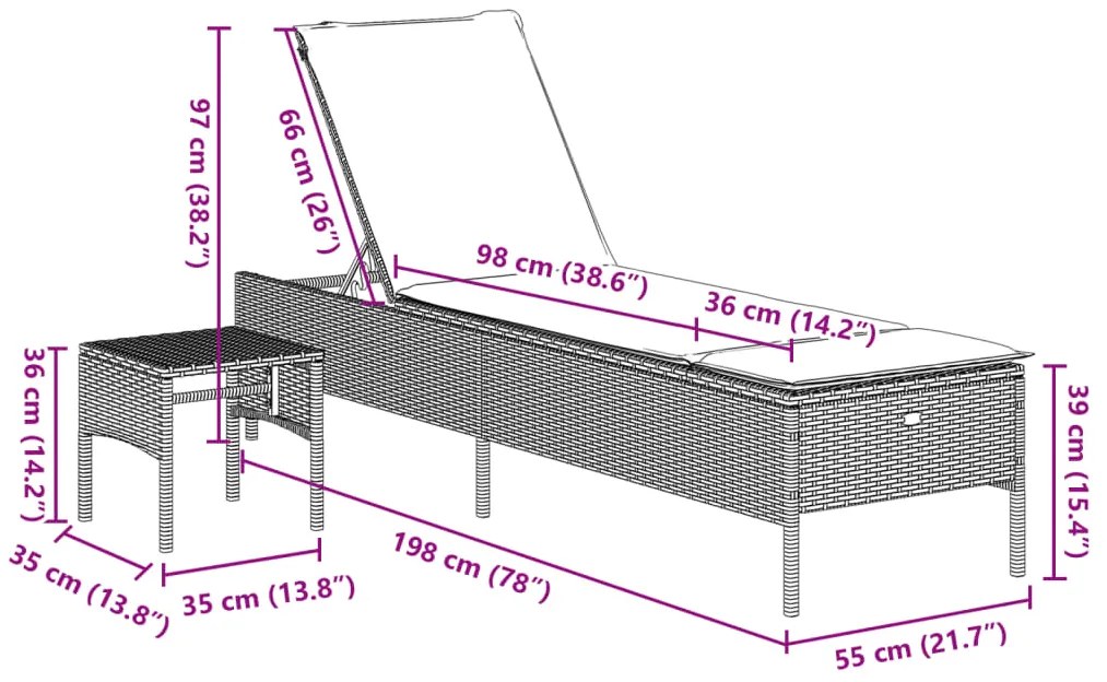 Espreguiçadeira com mesa e almofadão vime PE castanho