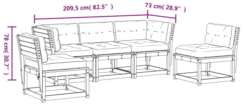 5pcs conj. sofás jardim + almofadões pinho maciço castanho-mel