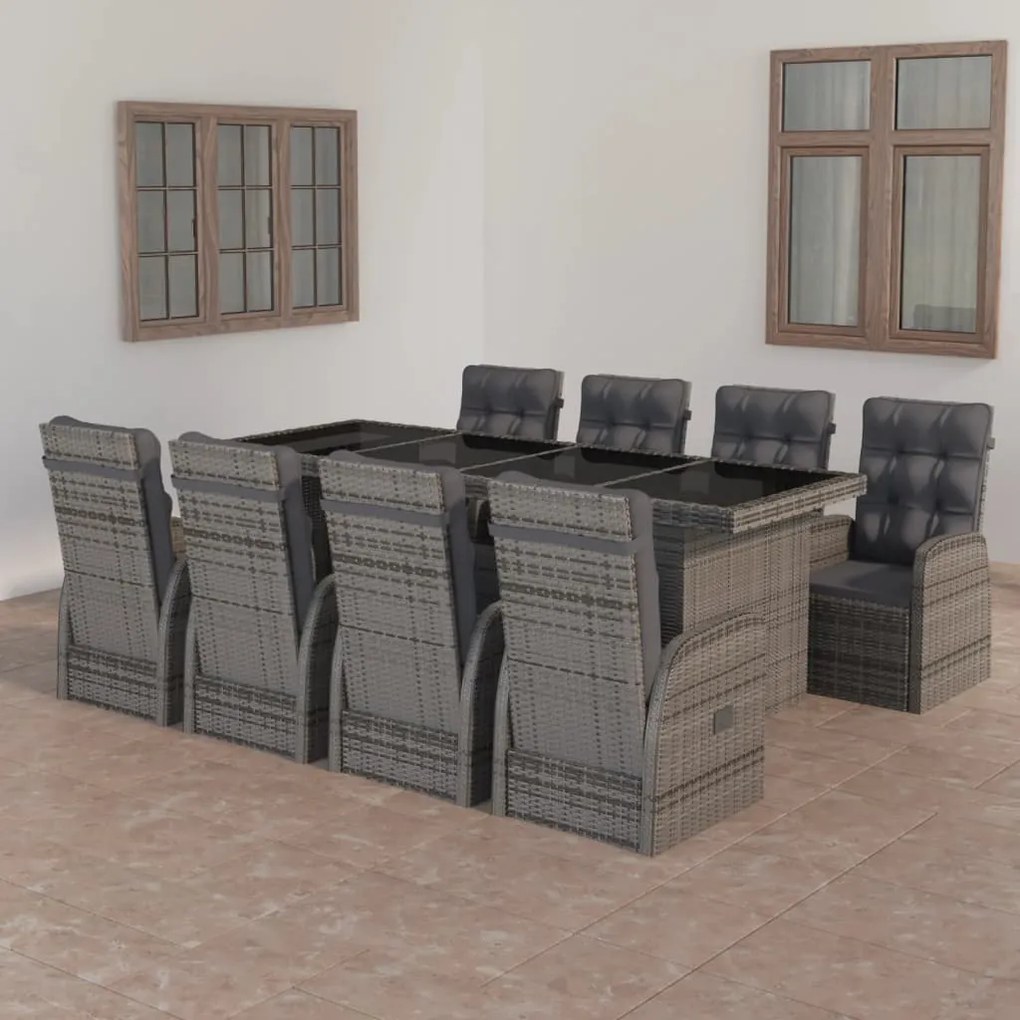 vidaXL 9 pcs conjunto jantar exterior c/ almofadões vime PE cinzento