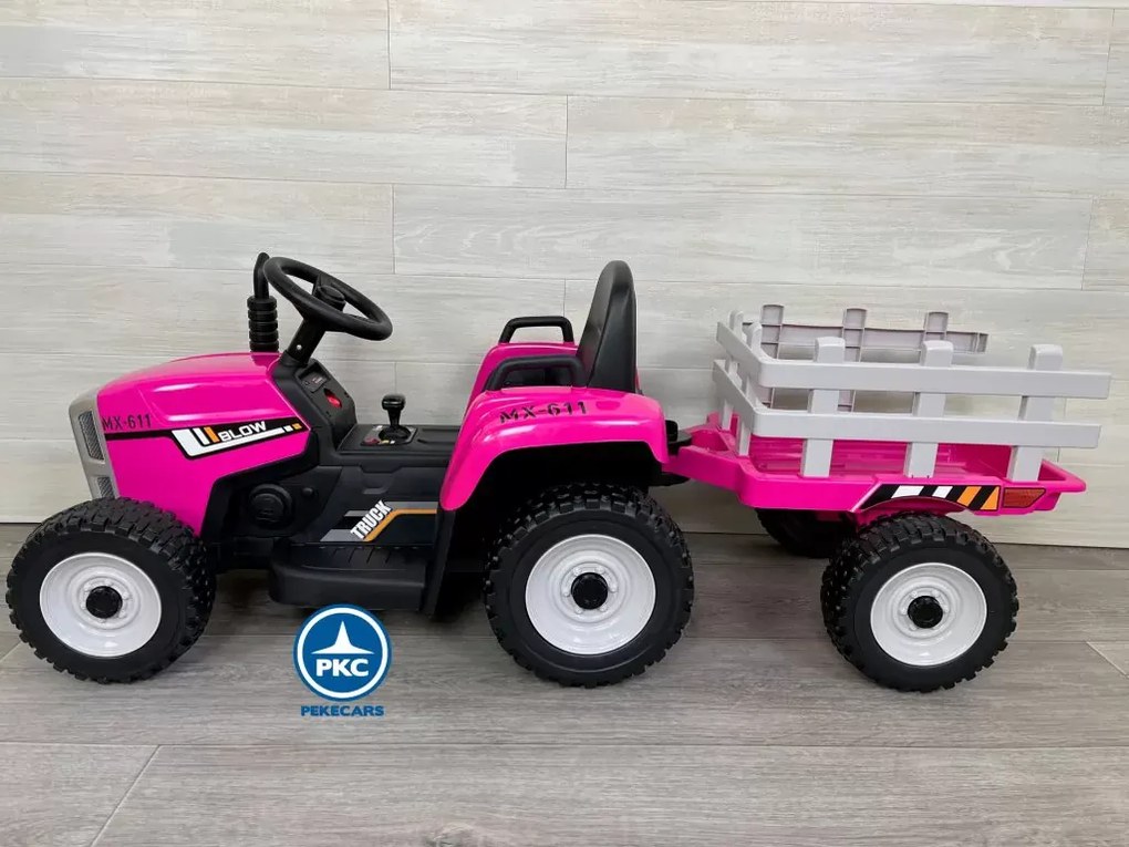 Trator Eléctrico para Crianças Peketrac 5100 12V Com reboque e rodas de Borracha Rosa