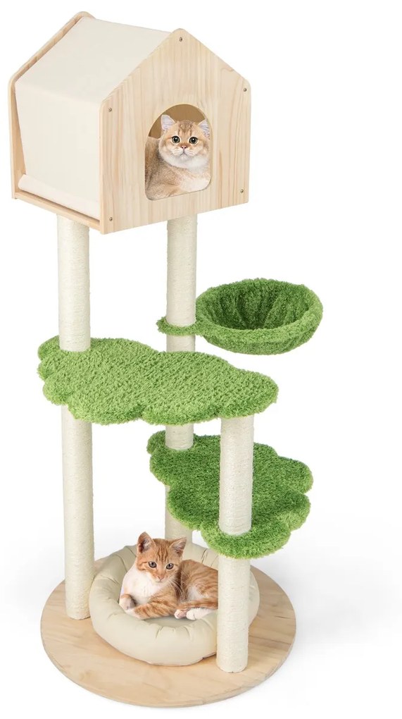 Arranhador para gatos Altura 139 cm com arranhadores de sisal Arranhadores de sisal Plataformas de salto Poleiro e rede Torre para gatos em madeira Ve