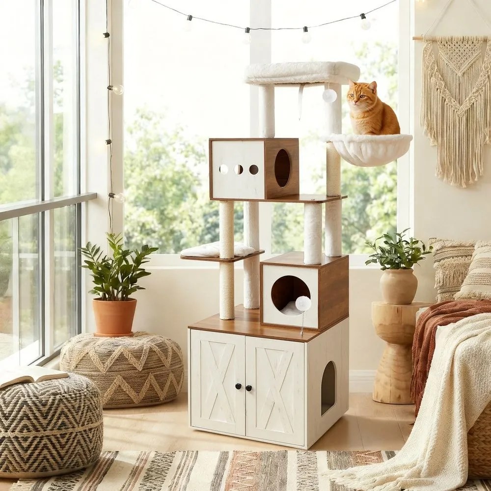 Arranhador para gatos com armário para caixa de areia, 100 x 61 x 178 cm, castanho-mel e branco vintage