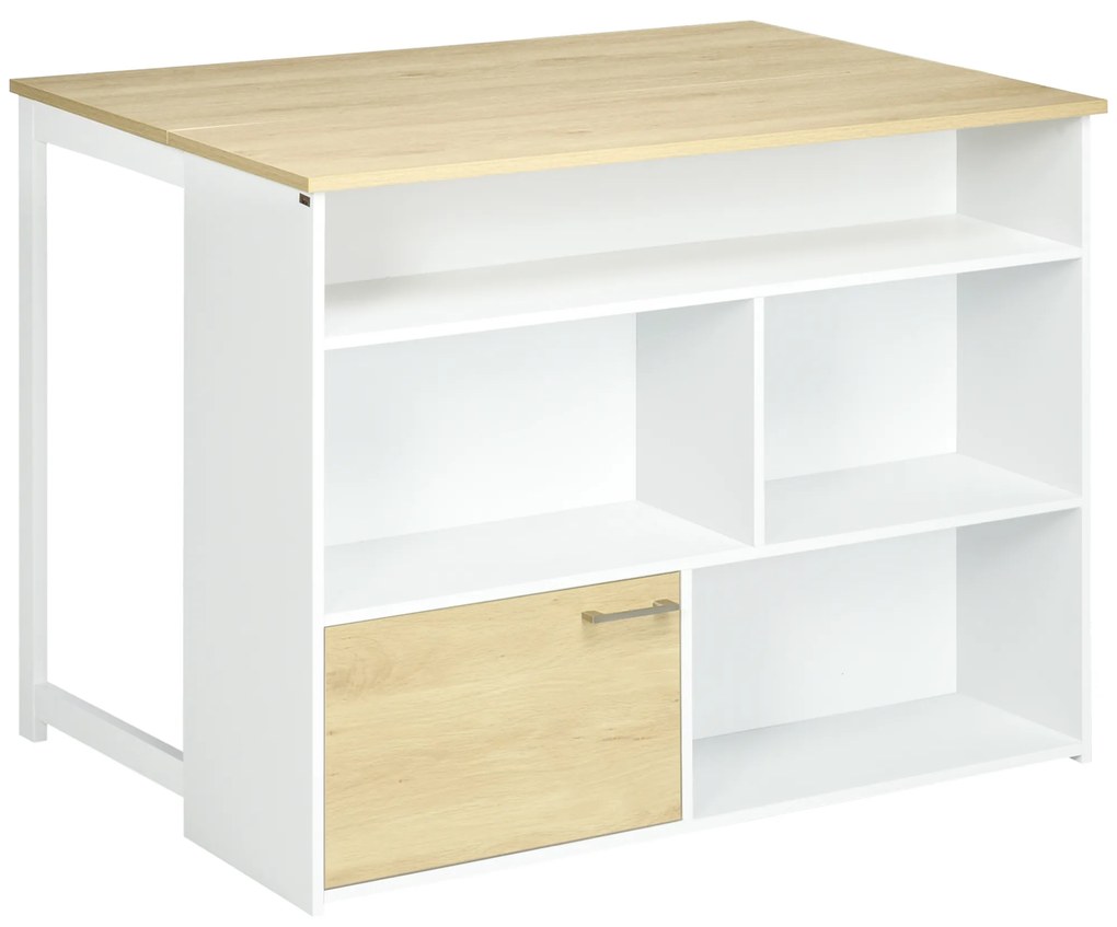 Mesa Alta Extensível com Lateral Dobrável Mesa de Bar com Compartimentos de Armazenamento e 1 Armário 116x79,5x91 cm Branco