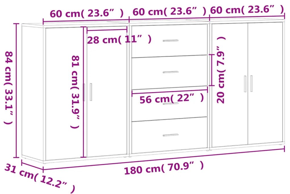 Aparadores 3 pcs 60x31x84 cm derivados madeira cinzento sonoma