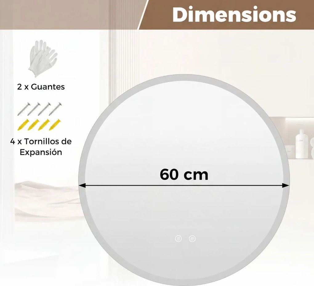 Espelho de casa de banho LED redondo de 60 cm com 3 cores de luz, regulação da intensidade, antiembaciamento e memória Prata