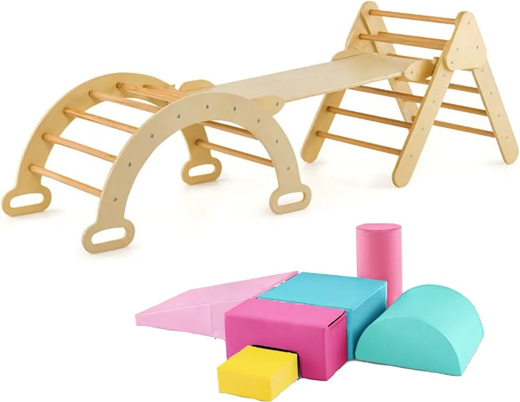 Conjunto 2 em 1 de escalada em madeira e brinquedos de espuma para crianças Materiais não tóxicos e seguros para o desenvolvimento infantil