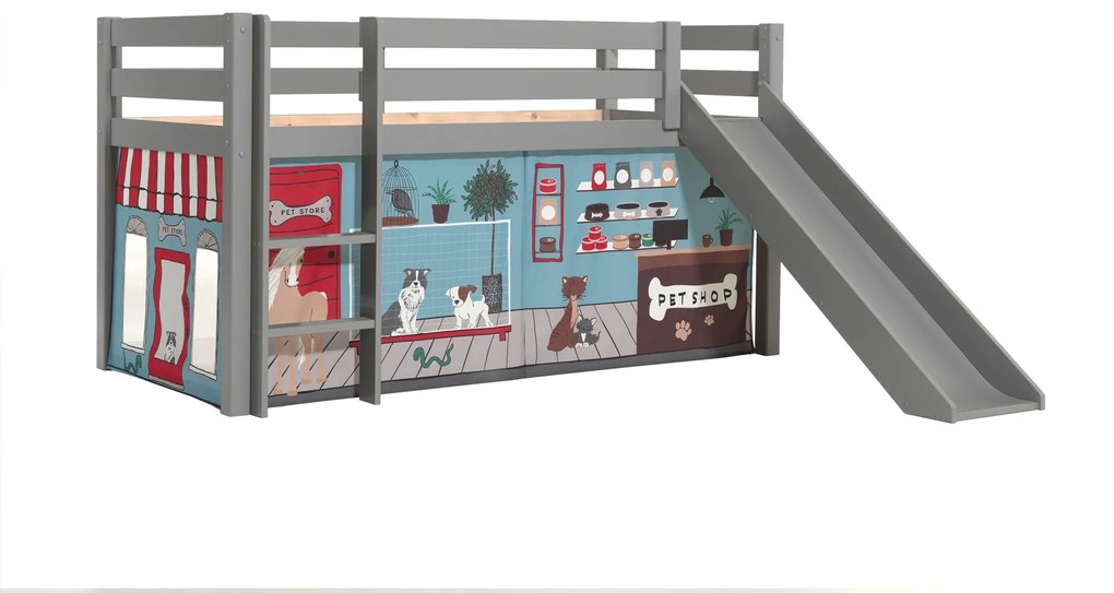 Cama alta de Criança PINO 90 x 200 cm + estrado + escada + escorrega + cortina Animais Cinzenta