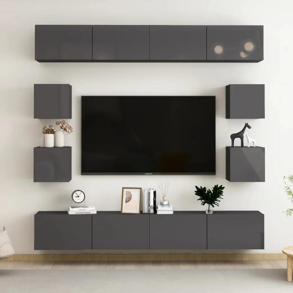 8 pcs conjunto de móveis de TV contraplacado cinzento brilhante