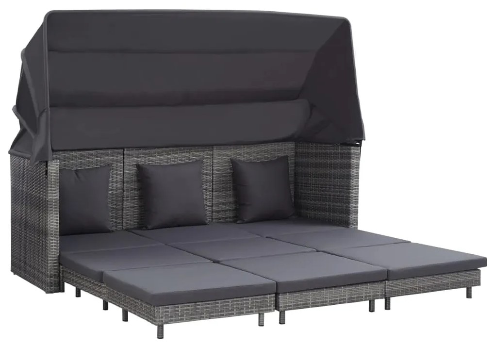 vidaXL Espreguiçadeira extensível 3 lugares com toldo vime PE cinzento