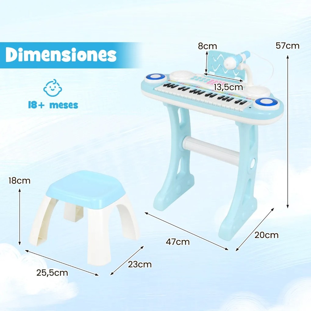 Teclado de piano eletrónico para crianças com 37 teclas e pernas amovíveis Bancada de música Microfone 8 ritmos Azul