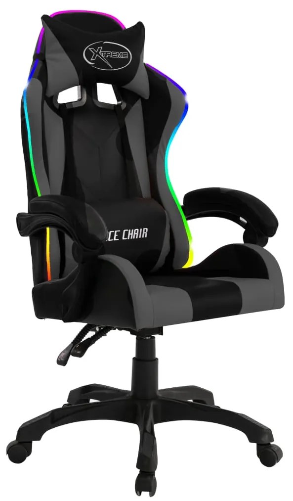Cadeira estilo corrida luzes LED RGB couro artif. cinza/preto