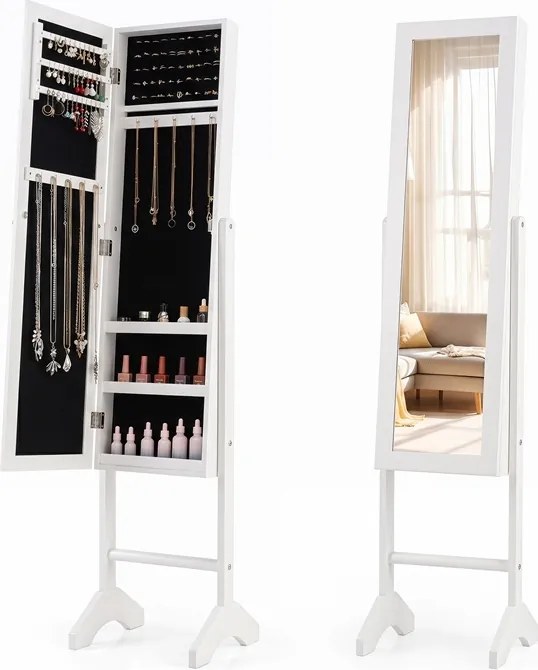 Armário para Joias com Espelho de Corpo Inteiro, 35 x 34 x 154 cm, Armazenamento Organizado, Branco