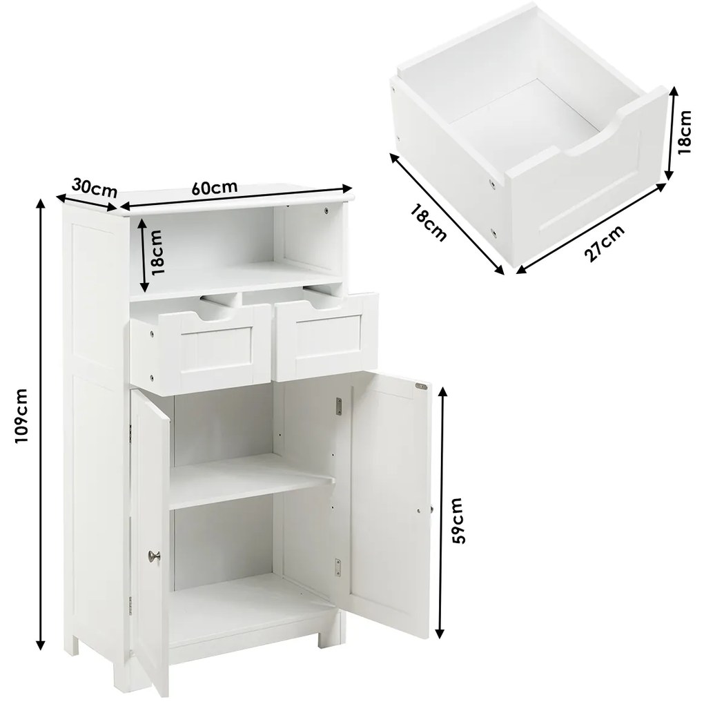 Armário de casa de banho com prateleira aberta 2 portas e 2 gavetas 60 x 30 x 109 cm Branco