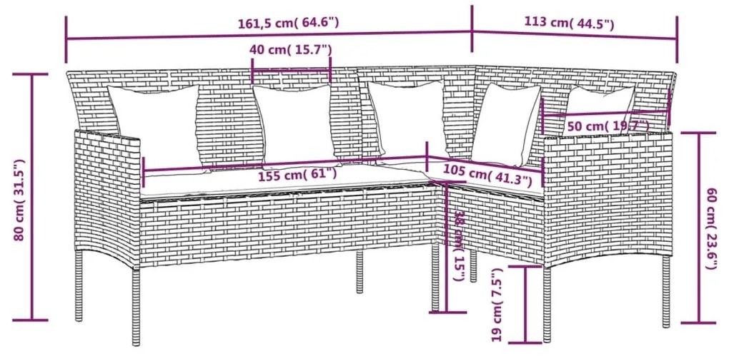 5 pcs conjunto sofás formato L c/ almofadões vime PE cinzento