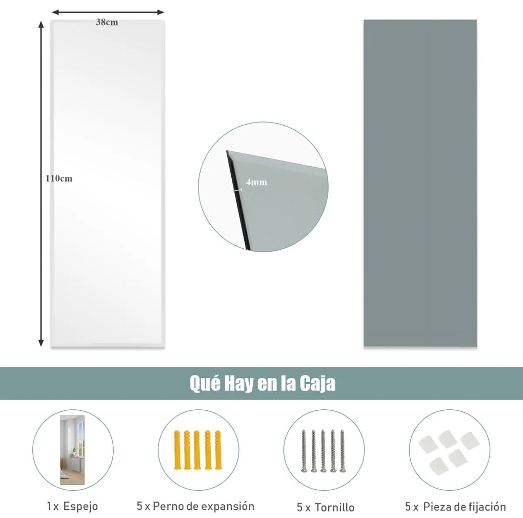 Espelho de parede 110 x 38 cm Espelho retangular sem moldura com borda chanfrada para montagem vertical e horizontal para guarda-roupa corredor banhei