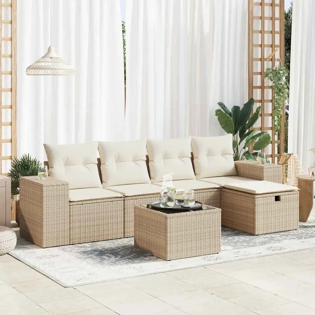 vidaXL 6 pcs conjunto de sofás p/ jardim com almofadões vime PE bege