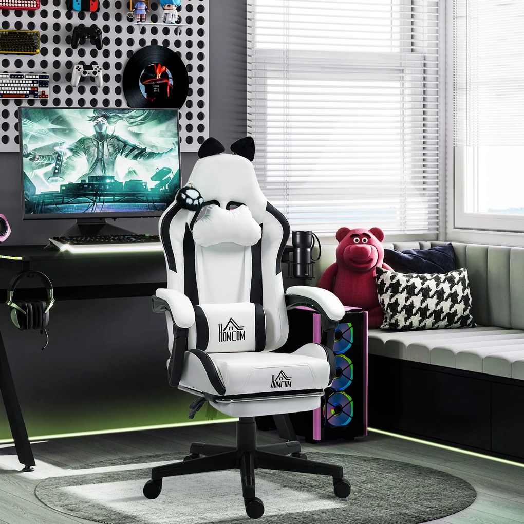 Cadeira Gaming com Orelhas Cadeira Gamer Reclinável com Altura Ajustável e Suporte Lombar 65x62x116-124 cm Branco