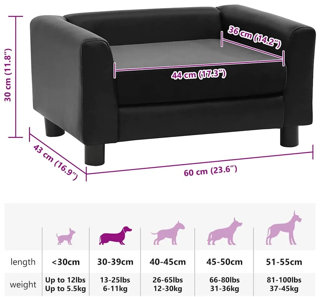 Sofá para cães 60x43x30 cm pelúcia e couro artificial preto