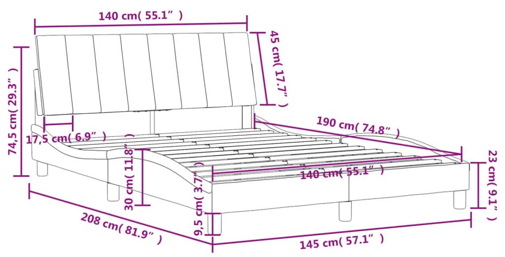 Estrutura de cama c/ cabeceira 140x190 cm veludo cinzento-claro