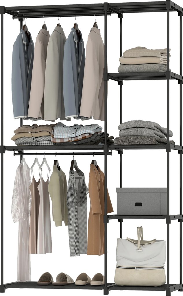 Guarda roupa aberto portátil com 2 varões para pendurar roupa e 6 prateleiras, 111 x 43 x 185 cm, preto