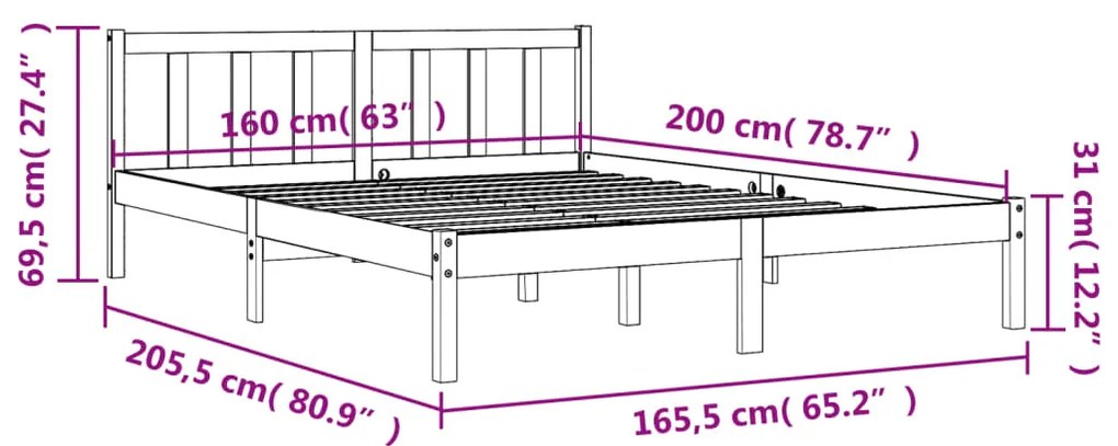 Cama sem colchão 160x200 cm madeira pinho maciço castanho-mel