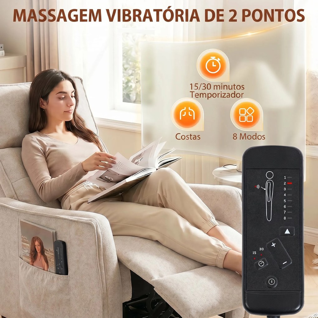 Poltrona de Massagem Reclinável com Apoio para Pés 2 Zonas de Massagem Assento com Molas Bolsos Estofamento em Linho Creme