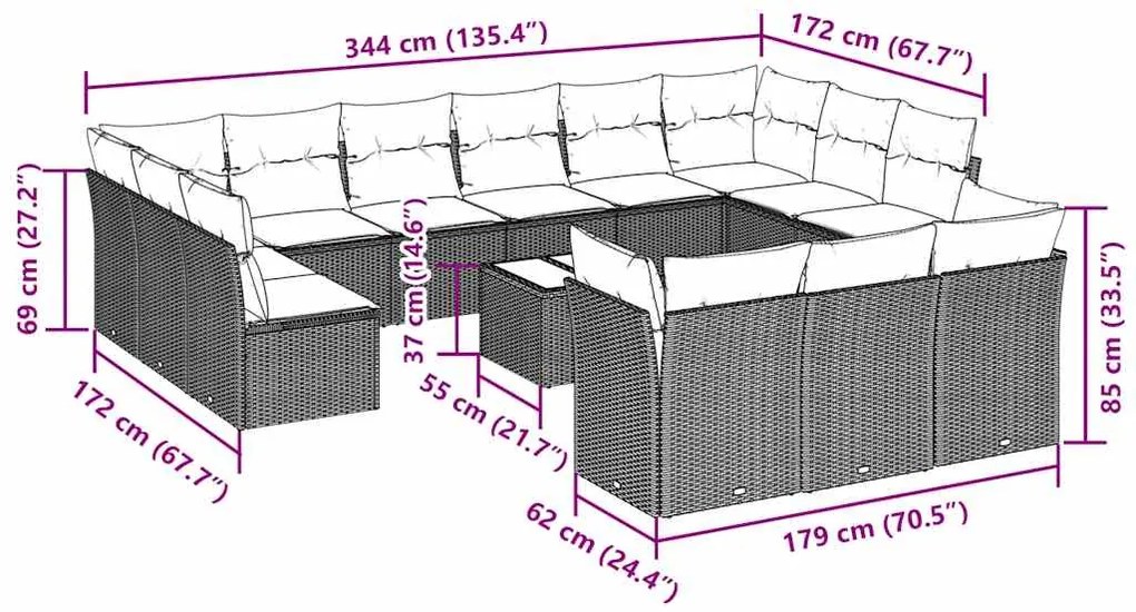 14 pcs conj. sofás jardim com almofadões vime PE cinzento-claro