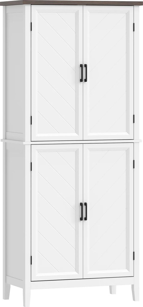 Armário de cozinha 76 x 40 x 178,5 cm, com 6 níveis, 4 portas com padrão em espinha e 4 prateleiras ajustáveis, branco