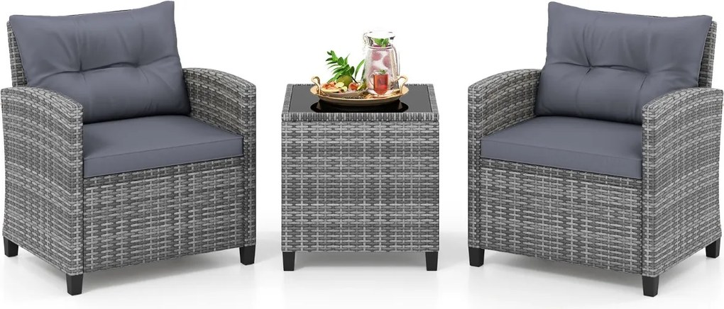 Conjunto de Jardim de 3 peças em rattan com almofadas macias e mesa em vidro temperado para varanda, alpendre ou jardim - cinzento
