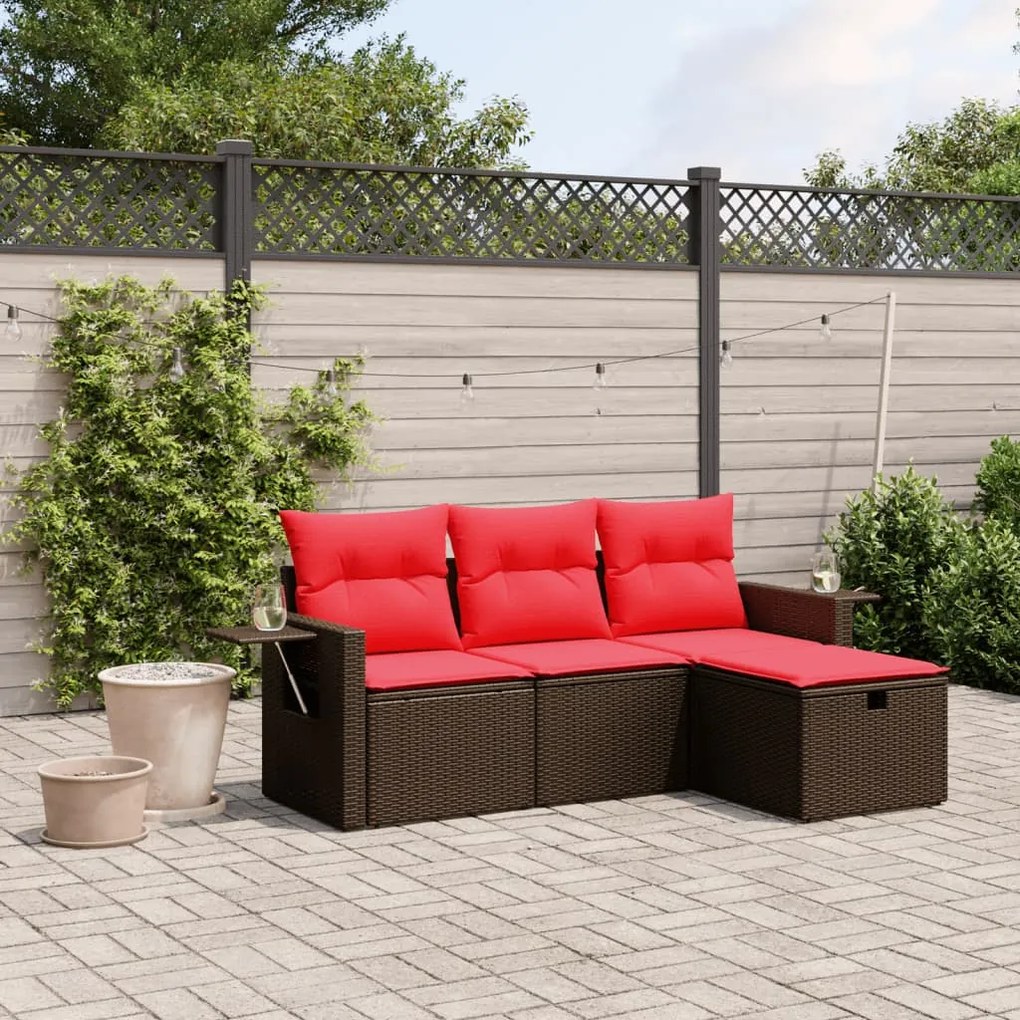 vidaXL 4 pcs conjunto sofás de jardim c/ almofadões vime PE castanho