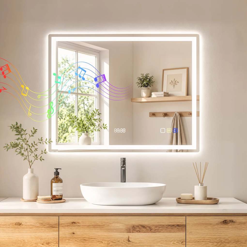 Espelho de Casa de Banho LED Bluetooth, 90 x 3,5 x 70 cm, Antiembaciamento, Prateado