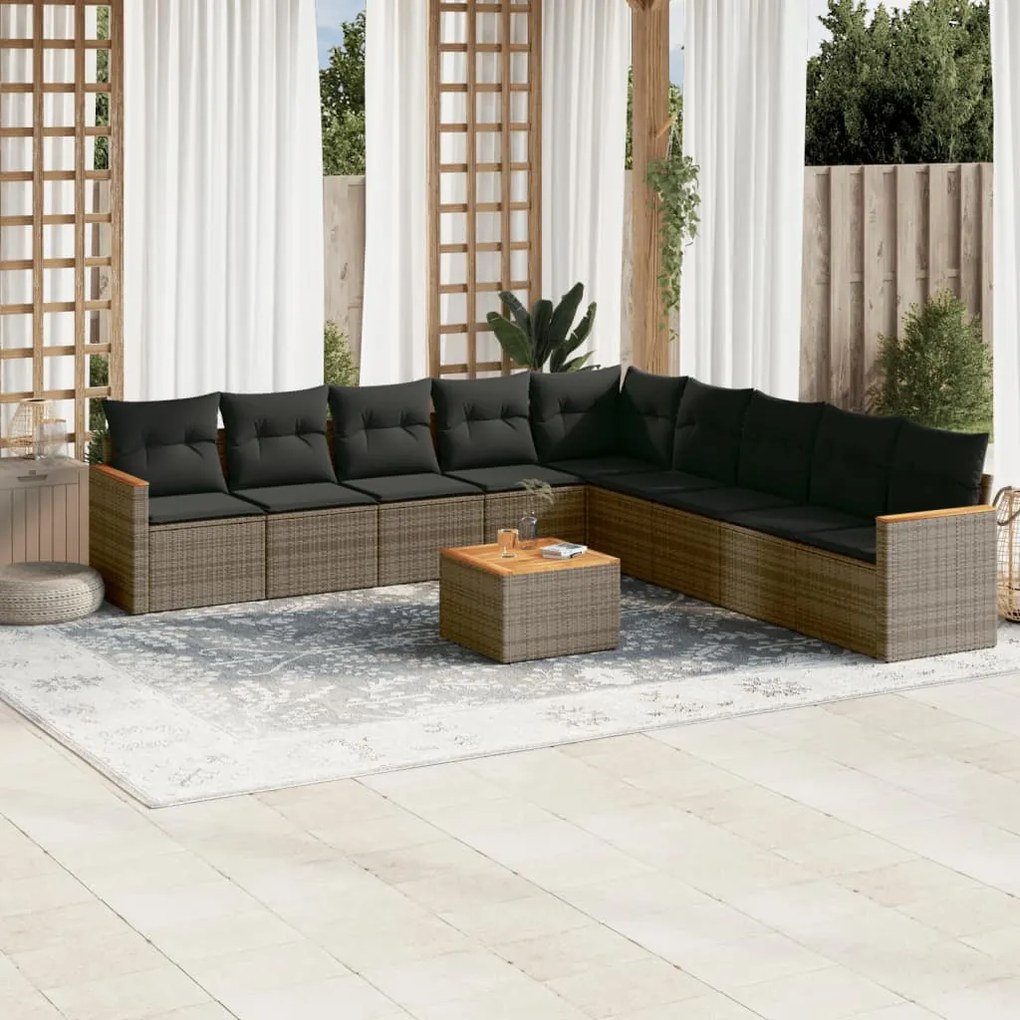 10 pcs conjunto sofás de jardim c/ almofadões vime PE cinzento