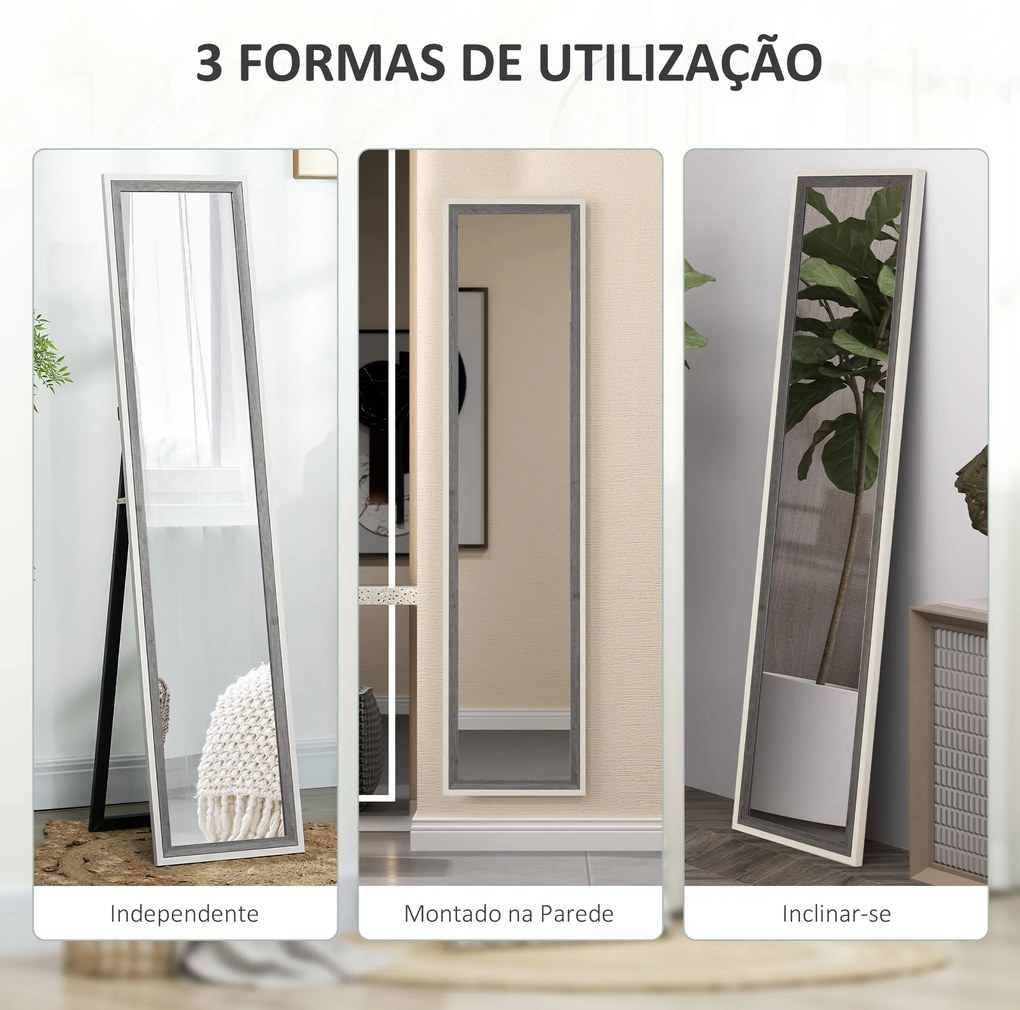 Espelho de Pé 37x157 cm Espelho de Corpo Inteiro com Estrutura de MDF e Suporte Branco e Cinza