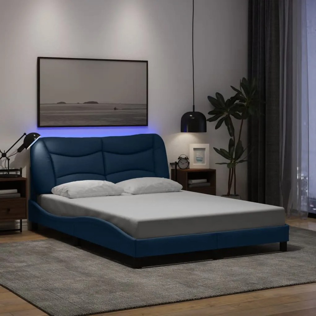 vidaXL Estrutura de cama com LED sem colchão 140x190 cm tecido azul