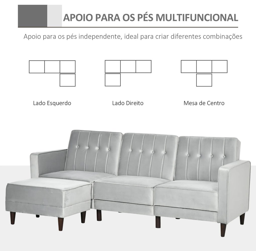 HOMCOM Sofá Cama com Chaise Longue de 3 Lugares Tato Aveludado com Encosto Ajustável e Apoio para os Pés Móvel 218x85x86cm Cinza
