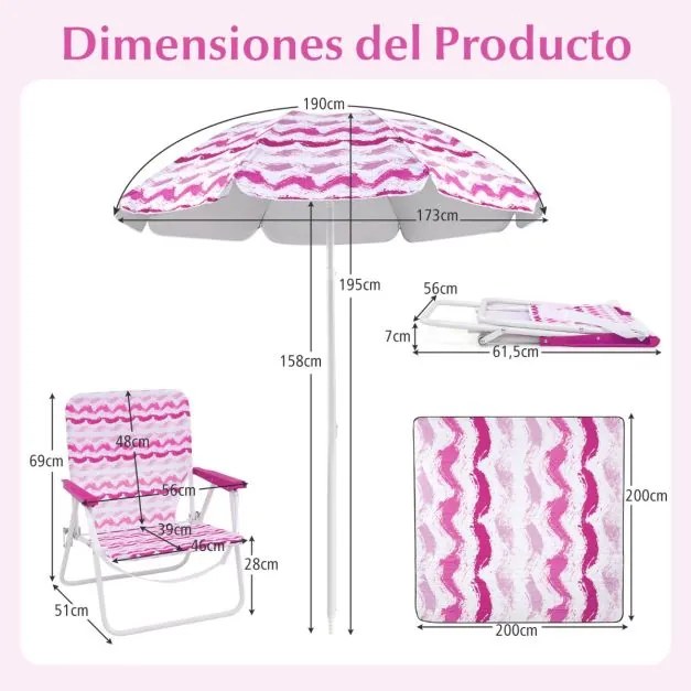 Conjunto de guarda-sol de praia com 2 cadeiras dobráveis e manta de piquenique para exterior com mecanismo de inclinação Rosa