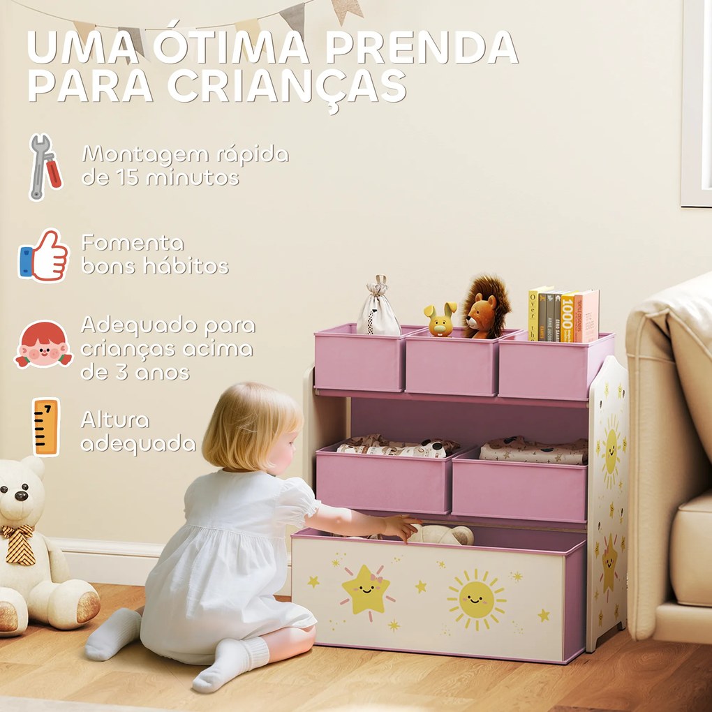 Estante Infantil para Brinquedos com 6 Caixas em Tecido Não Tecido Organizador de Brinquedos de 3 Níveis 63x30x66 cm Rosa