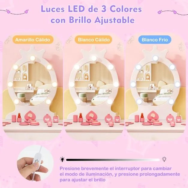 Conjunto de Toucador para Crianças com Espelho Iluminado de Princesa com Gaveta Ajustável com Brilho e Banco Almofadado Branco