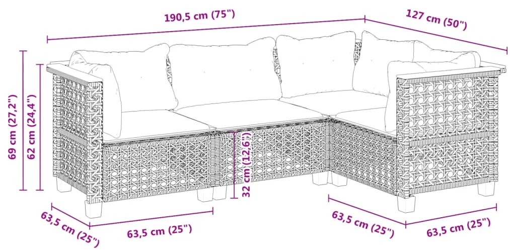 4 pcs conjunto sofás de jardim c/ almofadões vime PE cinzento