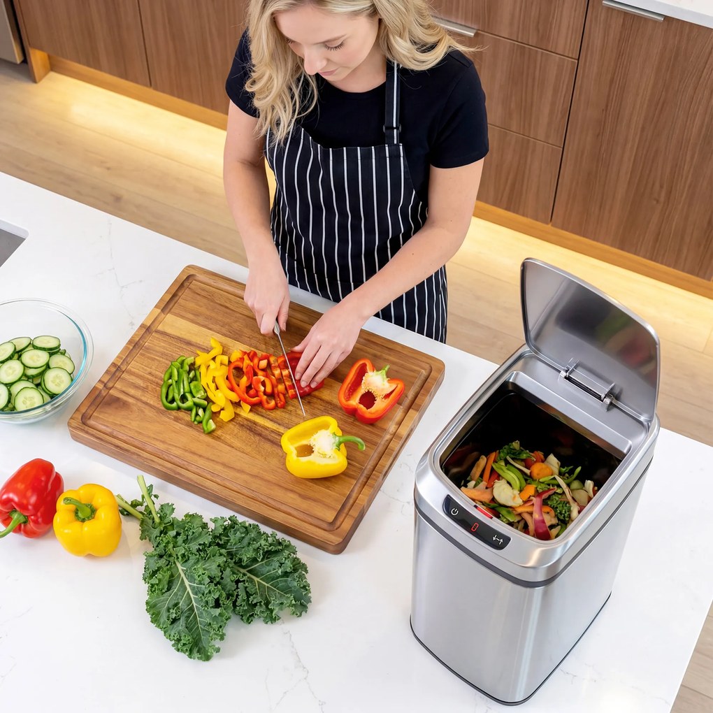 Caixote do lixo de cozinha automático de 12 L em aço inoxidável, com sensor e tampa, 28 x 22 x 41 cm, prateado