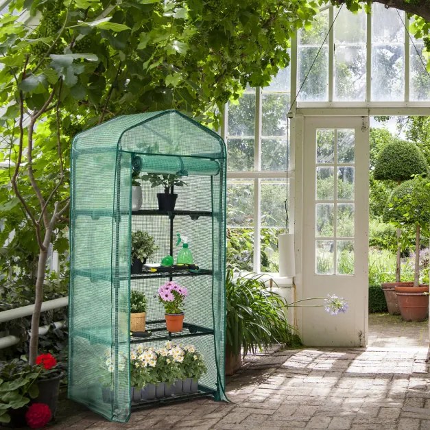Estufa de jardim com 4 prateleiras, cobertura de PVC e estrutura metálica Mini estufa para jardinagem 70 x 49 x 159 cm verde