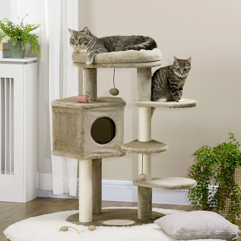 Árvore Arranhador para Gatos Pequenos Altura 94cm Torre para Gatos com Cama Superior Caverna 3 Escadas Bolas Suspensas e Postes de Sisal 55x55x94cm Ma