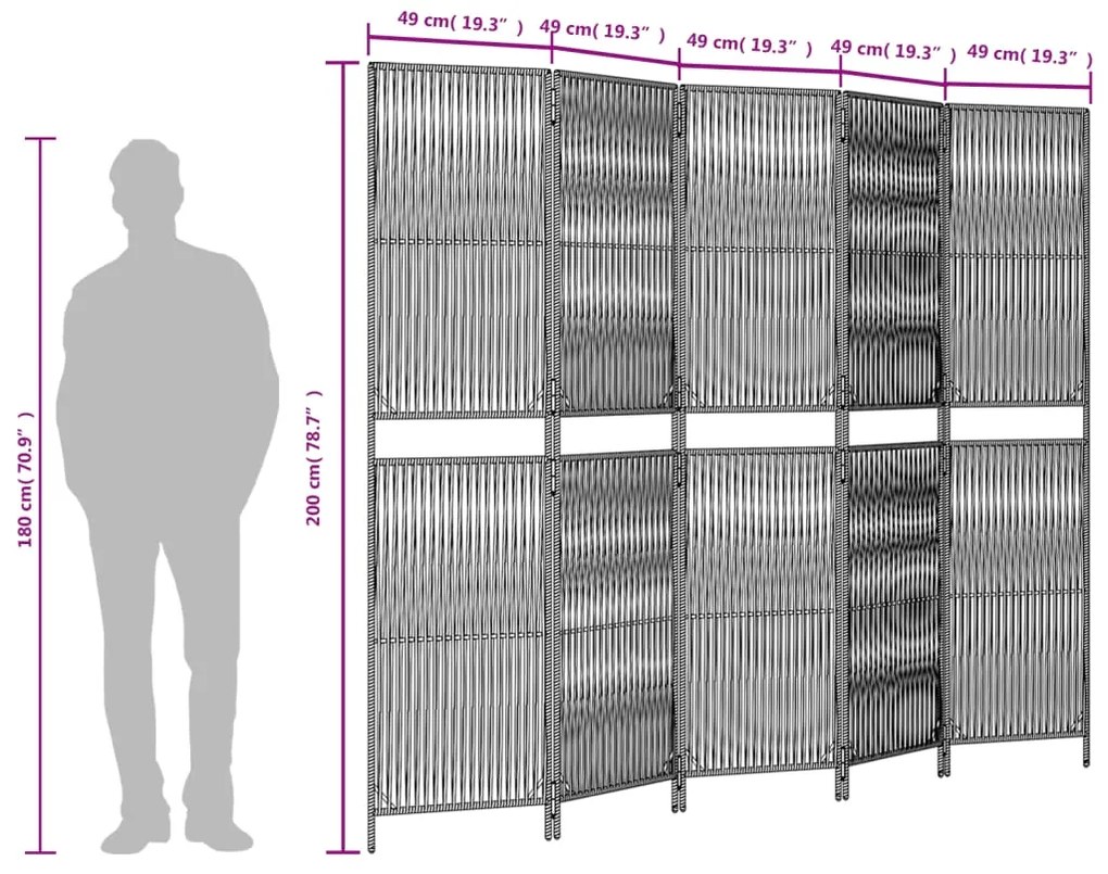 Biombo de divisão 5 painéis vime PE cinzento