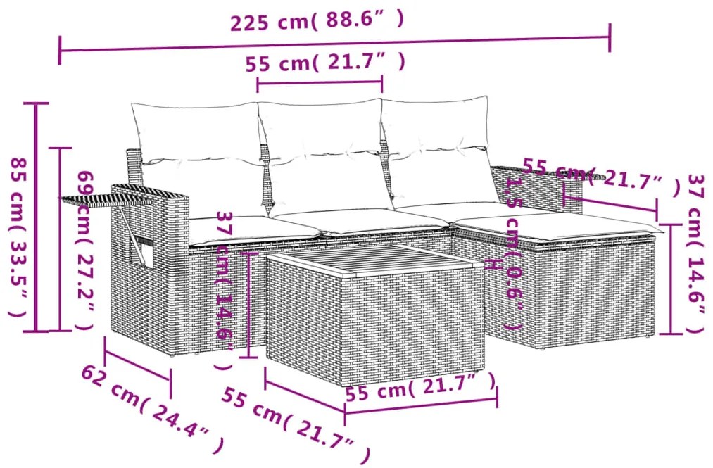 5 pcs conjunto sofás de jardim com almofadões vime PE preto