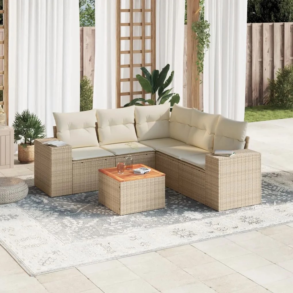 6 pcs conjunto de sofás p/ jardim com almofadões vime PE bege