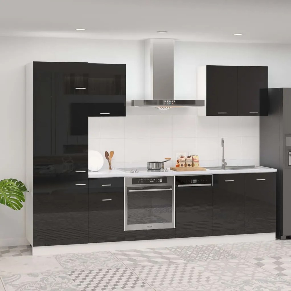 vidaXL 7 pcs conj. armários de cozinha contraplacado preto brilhante