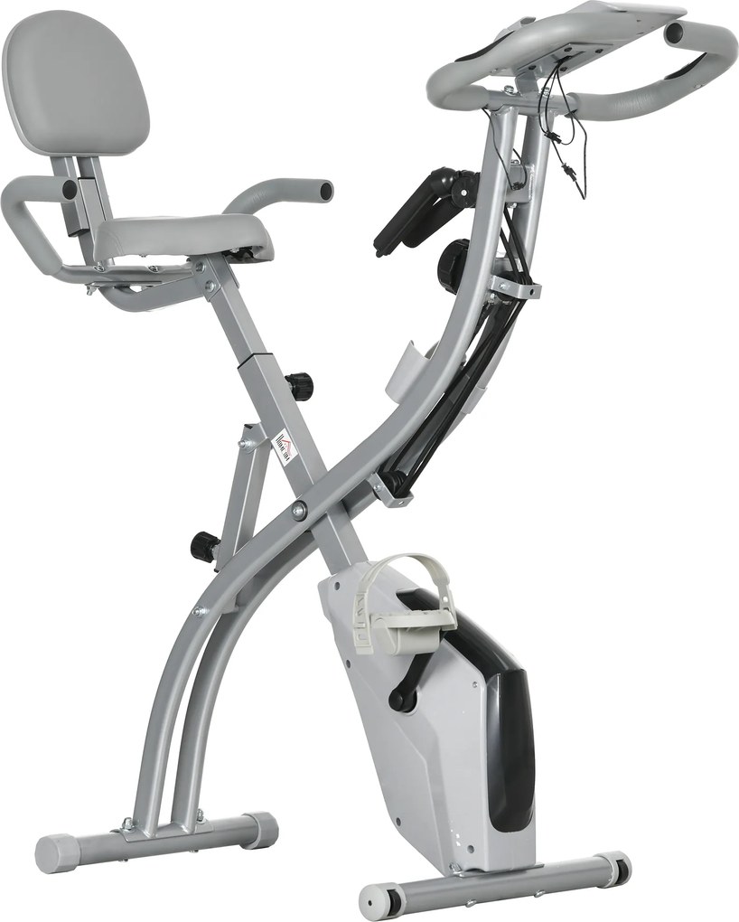 Bicicleta estática dobrável, 8 níveis de resistência magnética, encosto e selim ajustáveis, punhos ergonómicos, preto e cinzento