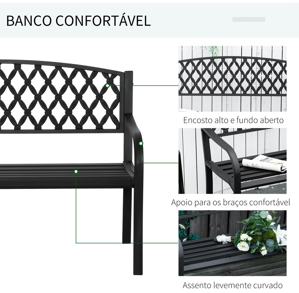Outsunny Banco de Jardim de 2 Lugares com Encosto Decorativo e Apoio para os Braços para Terraço Varanda Pátio Exterior Carga 280kg Ferro Fundido e Aço 128x58,5x89cm Preto