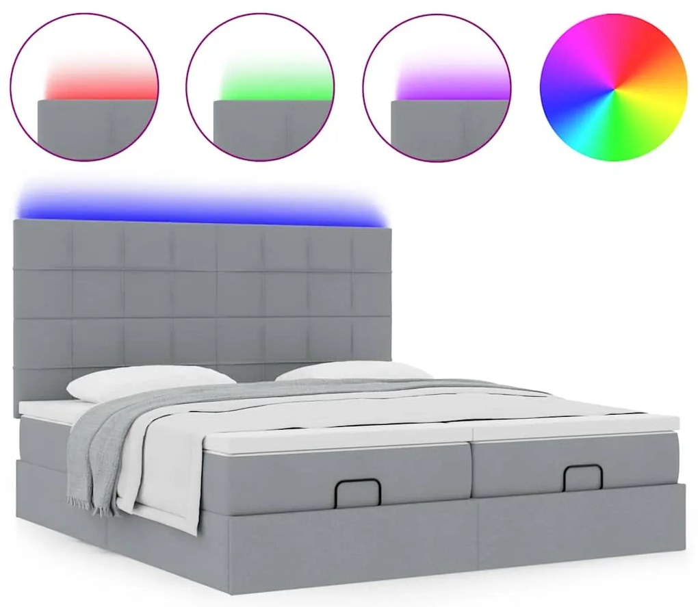 Estrutura de cama otomana com colchões tecido cinzento claro