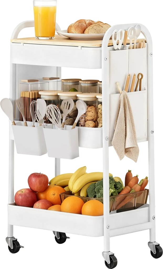 Carrinho cozinha 30,6 x 44,3 x 74,2 cm com 3 prateleiras de grelha metálica branco